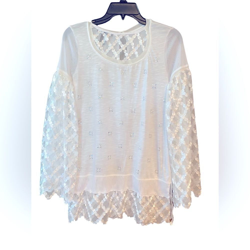 WHBM Sz XS Statement White Beaded Sequin Sheer Sleeves Button Close Top